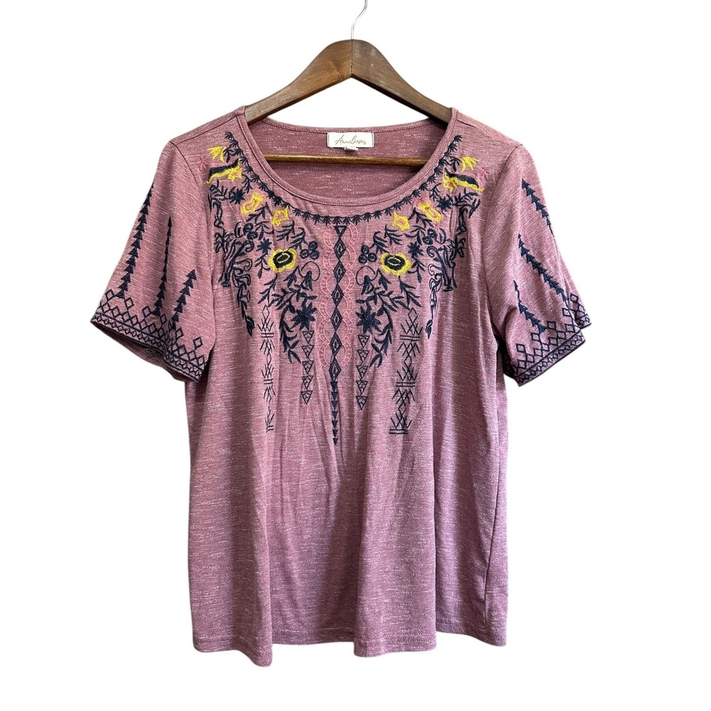 Anthropologie Mauve Pink Embroidered Scoop Neck Short Sleeve Tee